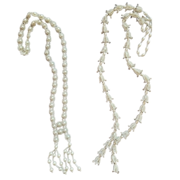 Lot 2 Vintage White Gold Flower Tassel Seed Bead Necklaces Retro Wedding Lei - Picture 2 of 13